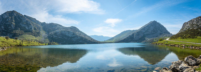 Panoramic view of Lake Enol in the Lakes of Covadonga. Asturias. Spain