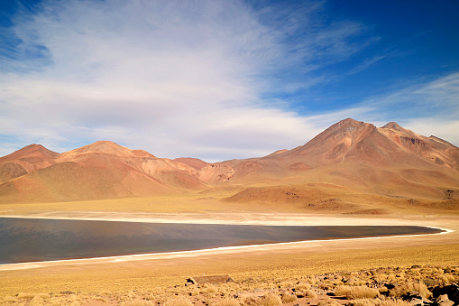 Laguna Miscanti, amazing brackish water lake at the elevation of 4,120 meters above sea level, Atacama desert, Antofagasta region, northern Chile
