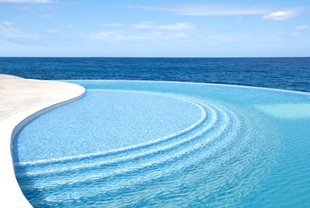 Sea water pool with stairs for relaxing, sea views. Blue clear water surface in swimming pool. Summer Vacation and rest concept. Ripples on water. Pattern of bottom made of mosaic ceramic blue tiles. piscina de agua de mar con escaleras para relajarse, vistas al mar. superficie de agua azul claro en la piscina. concepto de vacaciones de verano y descanso. ondulaciones en el agua. patrón de fondo hecho de mosaico de azulejos azules de cerámica.