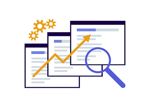 Search engine optimization, SEO optimization, analytics and advertising concept. Search screen with magnifier. Sign SEO top ranking for web. Vector