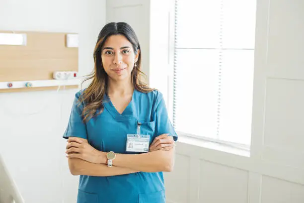 Photo of Portrait of female nurse at medical clinic.