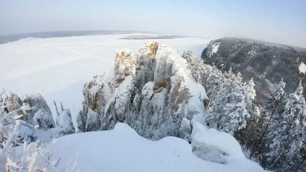 Photo of Lena Pillars in winter on the bank of the Lena River Yakutia