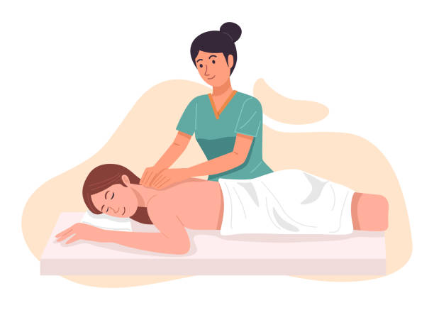 illustrations, cliparts, dessins animés et icônes de femme recevant un massage relaxant, vector - salon de beauté