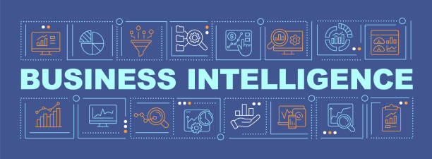 Business intelligence implementation word concepts dark blue banner Business intelligence implementation word concepts dark blue banner. Infographics with icons on color background. Isolated typography. Vector illustration with text. Arial-Black font used bisexuality stock illustrations