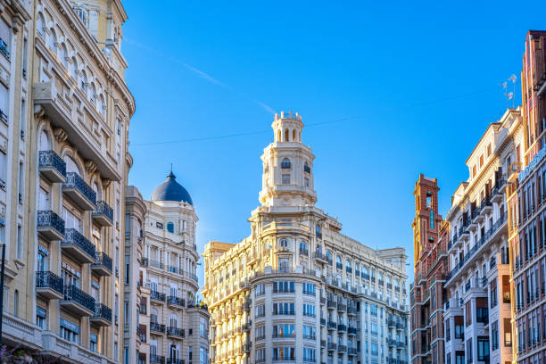 Beautiful old-fashioned architecture in the buildings surrounding the Plaza Ayuntamiento or City Hall Plaza