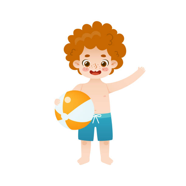 Cute little boy with beach ball standing and waving his hand. Adorable kid with red curly hair holding inflatable ball. Cute little boy with beach ball standing and waving his hand. Adorable kid with red curly hair holding inflatable ball. freckle stock illustrations