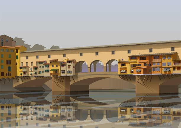 illustrazioni stock, clip art, cartoni animati e icone di tendenza di ponte a firenze ponte vecchio sul fiume arno. vettore. - firenze