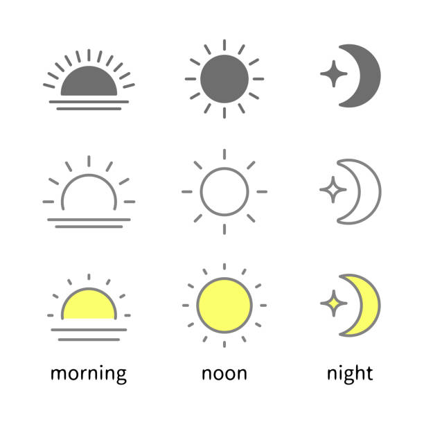 태양과 달의 아침 낮과 밤 시간, 일출과 낮, 야간 벡터 아이콘 일러스트 레이 션 자료 - 12시 일러스트 stock illustrations