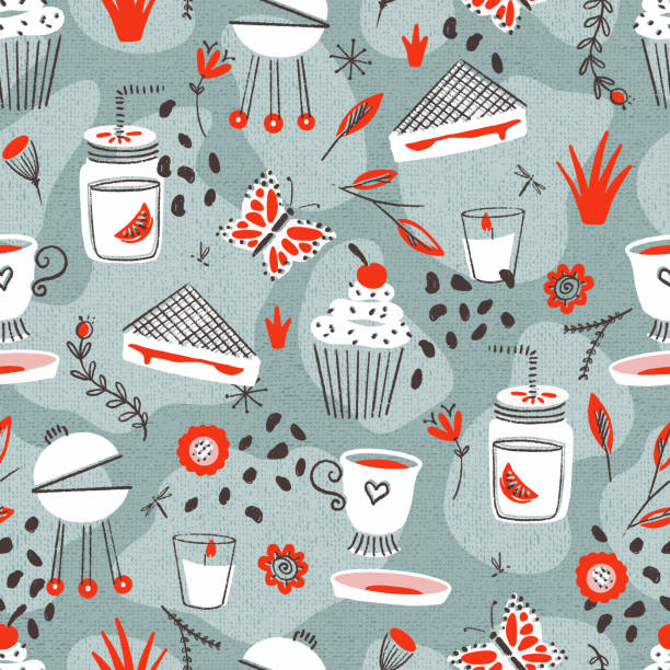 illustrations, cliparts, dessins animés et icônes de spring garden party objects vector seamless pattern - tea cup cup shape red