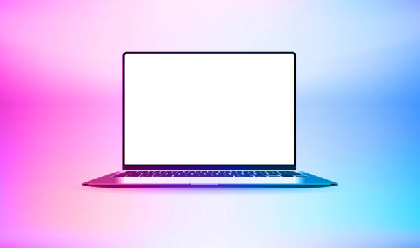 istock Modern laptop with bright blank monitor. 3d vector illustration with holographic effect 1392728481