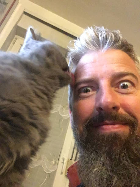 Man with beard posing with his Chartreux cat, who is licking him