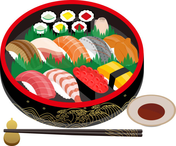 ilustraciones, imágenes clip art, dibujos animados e iconos de stock de bañera de sushi y sushi nigiri japonés - bas rhin