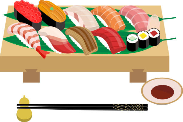 Wooden serving table and Japanese nigiri sushi Wooden serving table and Japanese nigiri sushi geta sandal stock illustrations