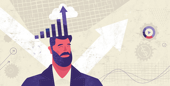 Flat vibrant illustration with hand drawn textures depicting business growth.