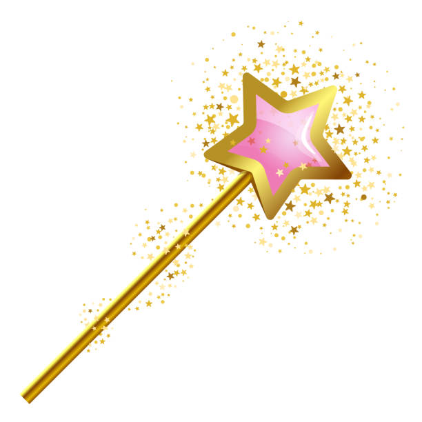 Magic gold wand with sparkling stars cloud around it. vector art illustration