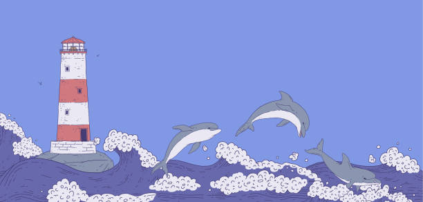 illustrations, cliparts, dessins animés et icônes de dauphins sautant et phare sur rocher parmi les vagues orageuses de la mer. paysage marin avec des animaux aquatiques ludiques. bannière d’illustration vectorielle de ligne doodle. - sea storm lighthouse rough