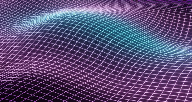 Sci-fi themed abstract background featuring glowing violet and teal wave/grid. 3d rendering.