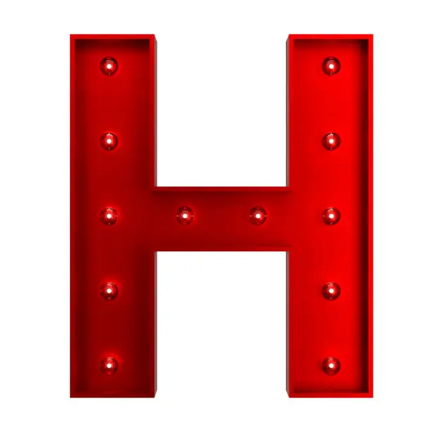 3D Red Metallic Letter H With Light Bulbs. Alphabet Concept.