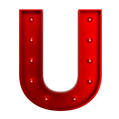 3D Red Metallic Letter U With Light Bulbs. Alphabet Concept.