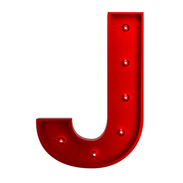 3D Red Metallic Letter J With Light Bulbs. Alphabet Concept.