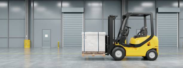istock Forklift truck in warehouse moving and loading cardboard pallet box with copy space background. Industrial machine and business transportation concept. 3D illustration rendering 1392735950