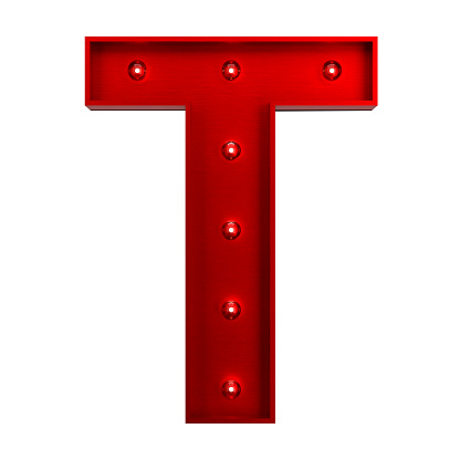3D Red Metallic Letter T With Light Bulbs. Alphabet Concept.