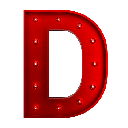 3D Red Metallic Letter D With Light Bulbs. Alphabet Concept.