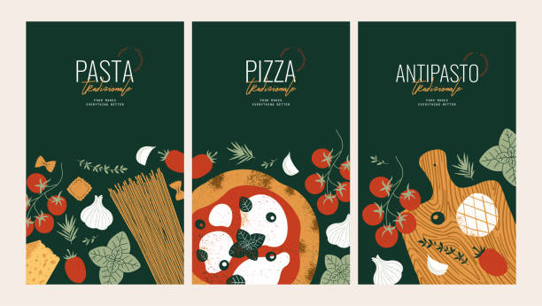 illustrazioni stock, clip art, cartoni animati e icone di tendenza di modelli di design verticale del cibo italiano. pizza gustosa. pasta secca. antipasto da tavola. - mozzarella