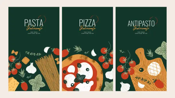 Vector illustration of Italian food vertical design templates. Tasty pizza. Dry pasta. Antipasto board.