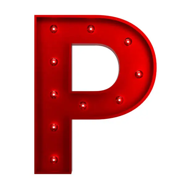 3D Red Metallic Letter P With Light Bulbs. Alphabet Concept.