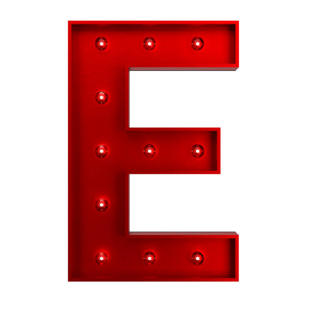 Red Metallic Letter E With Light Bulbs 3D Red Metallic Letter E With Light Bulbs. Alphabet Concept. 3d red letter e stock pictures, royalty-free photos & images