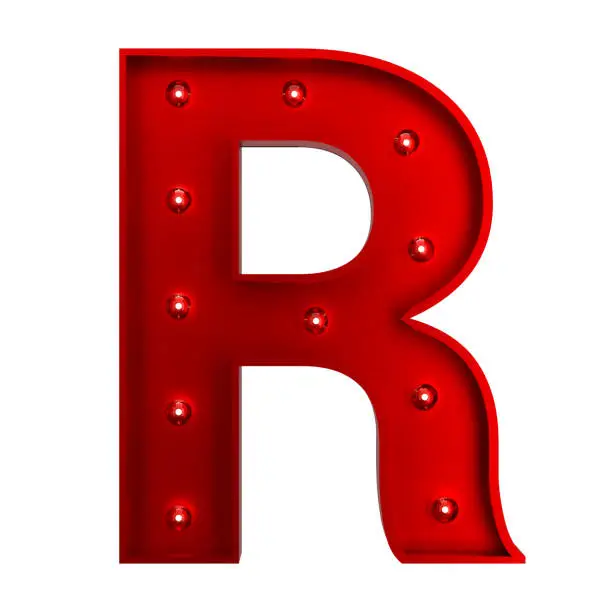 3D Red Metallic Letter R With Light Bulbs. Alphabet Concept.