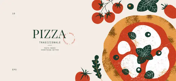 Vector illustration of Italian pizza horizontal design template. Pizza Margherita with tomatoes and mozzarella. Vector illustration.