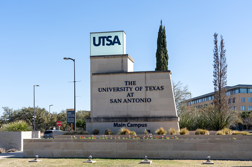 San Antonio, Texas, USA - March 16, 2022: The sign of University of Texas at main campus in San Antonio is seen, a public research university in San Antonio, Texas.