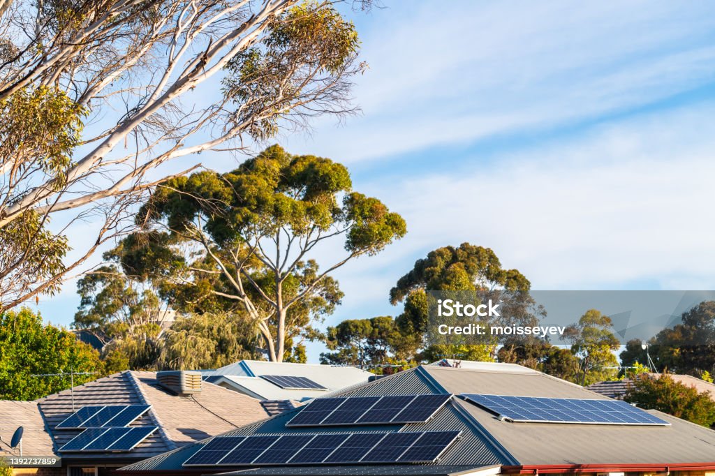 House roofs with solar panels installed House roofs with solar panels installed in suburban area of South Australia Solar Energy Stock Photo