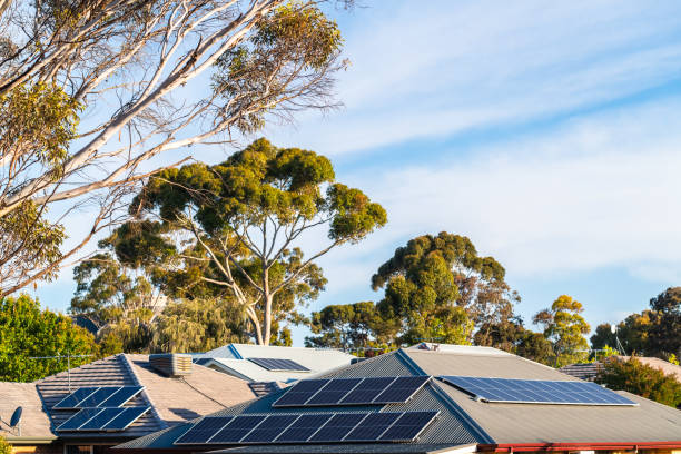 House roofs with solar panels installed House roofs with solar panels installed in suburban area of South Australia solar power station solar panel house solar energy stock pictures, royalty-free photos & images