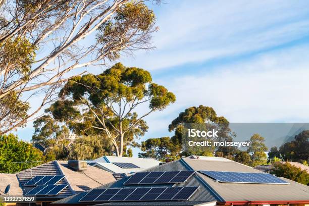 House Roofs With Solar Panels Installed Stock Photo - Download Image Now - Solar Energy, Solar Power Station, Australia