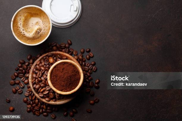 Takeaway Cup Roasted Coffee Beans And Ground Coffee Stock Photo - Download Image Now