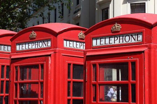 London red telephone. English symbol - phone booths at the Strand.