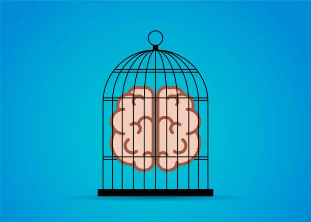 Vector illustration of Brain trapped in a cage