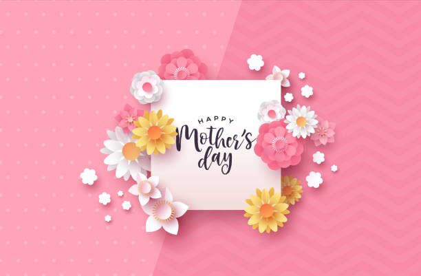 ilustrações, clipart, desenhos animados e ícones de quadro de modelo de cartão floral de papercut de dia das mães - rose mothers day flower pink