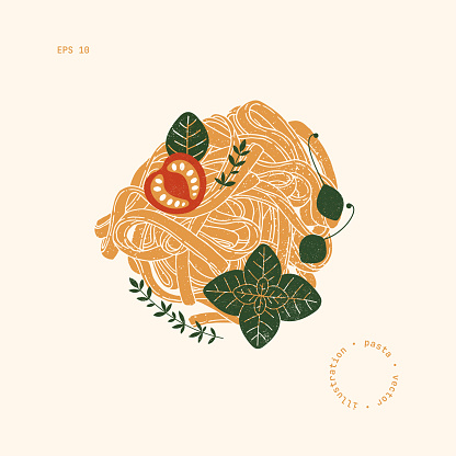 Spaghetti pasta illustration. Tagliatelle pasta with tomato and basil. Italian food.