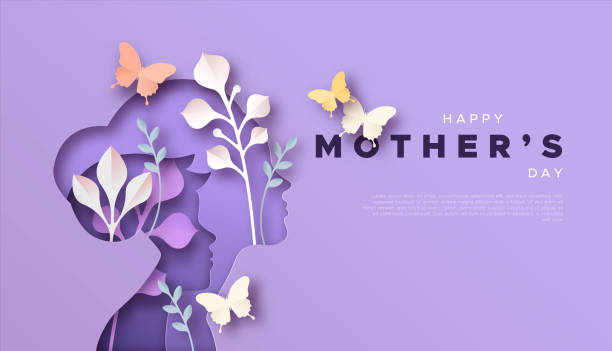 Mother's day mom and kid papercut card template Happy Mother's Day paper cut card template background of mom with child son and colorful spring nature. Modern 3D papercut decoration for mother gift or women holiday. mother stock illustrations