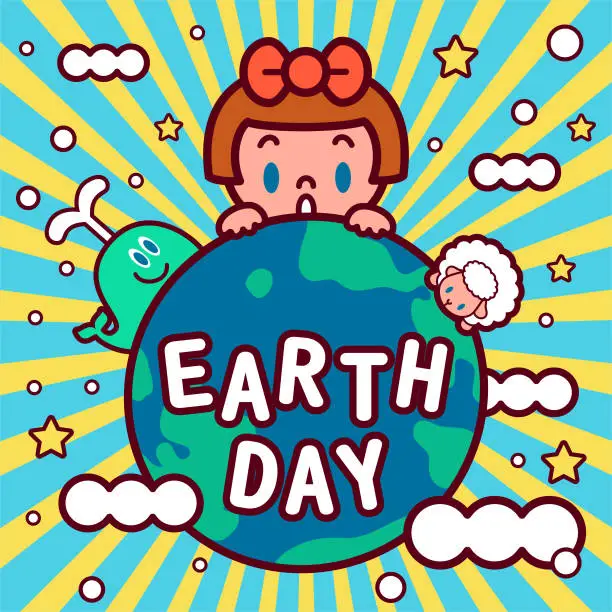 Vector illustration of A cute girl and animals celebrate Earth Day