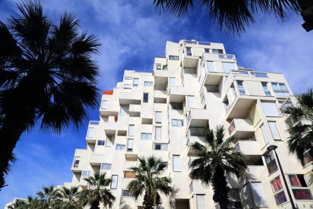 Modern ziggurat style architecture of famous centrally planned resort town La Grande-Motte in Occitanie region of France.