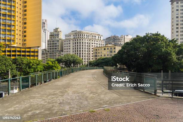 Footbridge With Buildings In Downtown Sao Paulo In The Background Bandeira Bus Terminal Stock Photo - Download Image Now