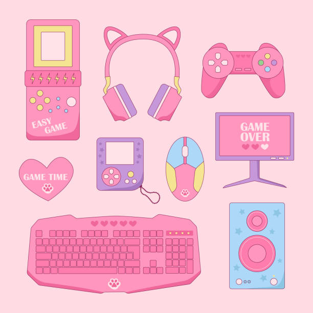 ilustraciones, imágenes clip art, dibujos animados e iconos de stock de conjunto de elementos pink rerto gamer girl. ilustración vectorial de equipos de juegos de computadora rosa vintage. - over 90