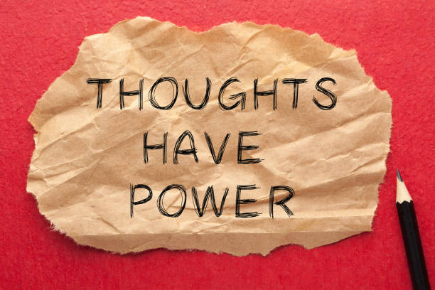 Thoughts Have Power Thoughts have power text on wrinkled lined paper with pencil. mantra stock pictures, royalty-free photos & images