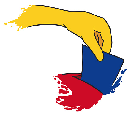 Yellow hand depositing a blue vote inside a red ballot box, scene depicting Colombian elections day.