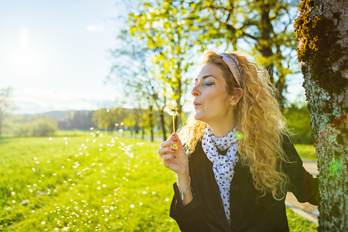 Happy beautiful woman enjoying blowing dandelion in nature at sunset, Ljubljana, Slovenia.